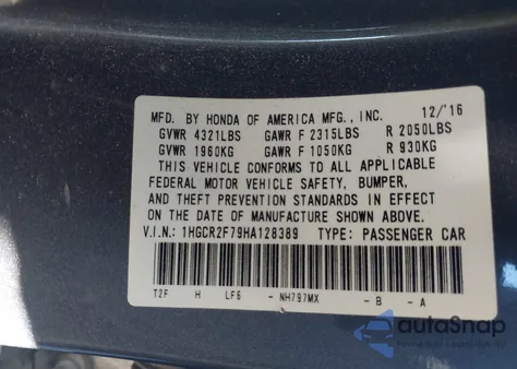 2017 Honda Accord Ex from USA, damaged, VIN 1HGCR2F79HA128389